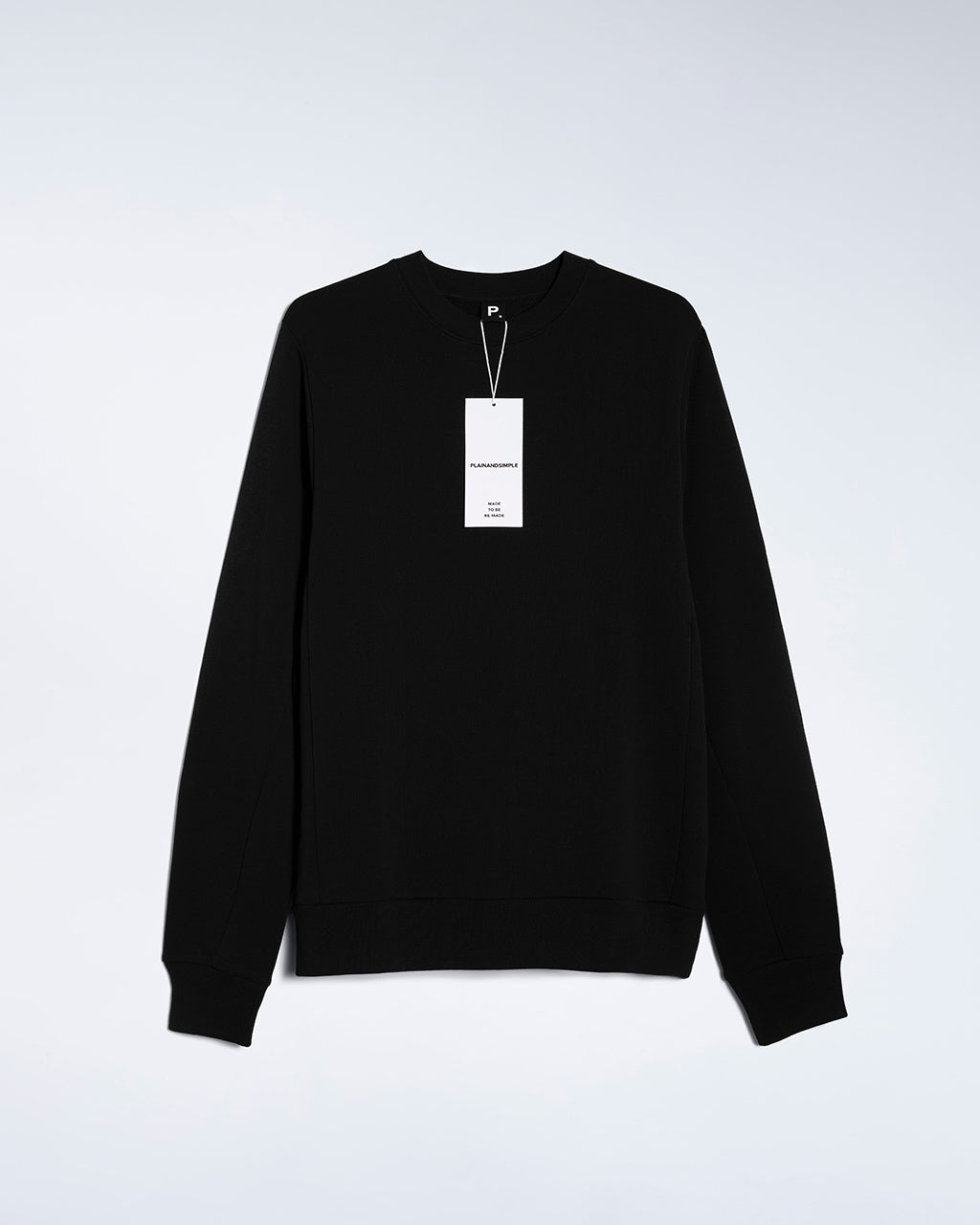 A flatlay of a men's plain black organic cotton sweatshirt.