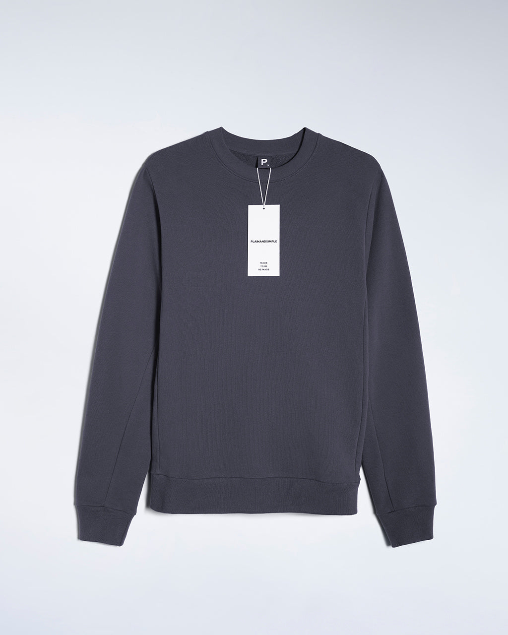 A flatlay of a men's plain dark grey organic cotton sweatshirt.