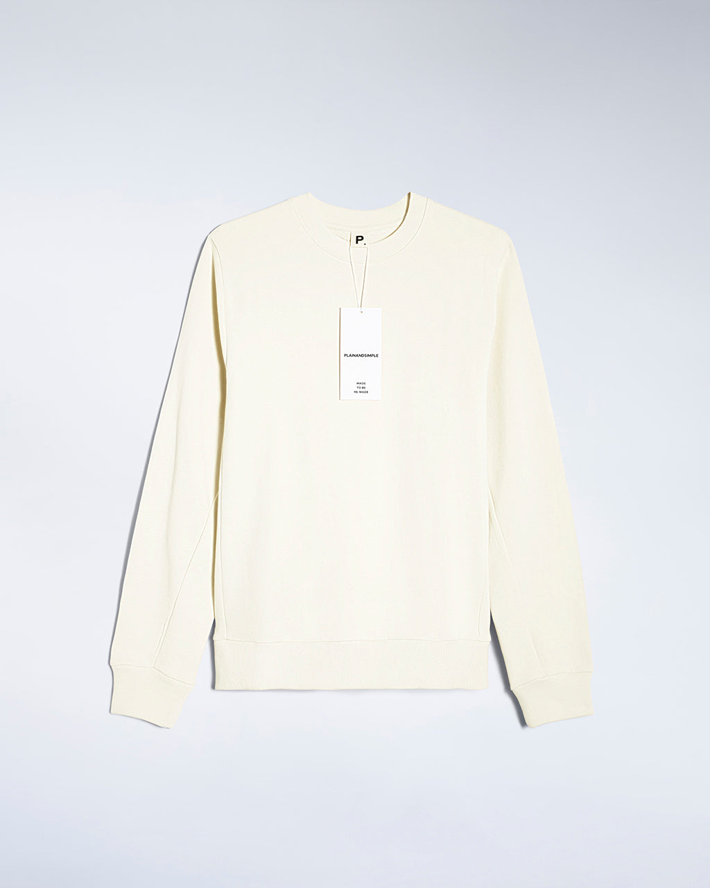 A flatlay of a men's plain ecru organic cotton sweatshirt.