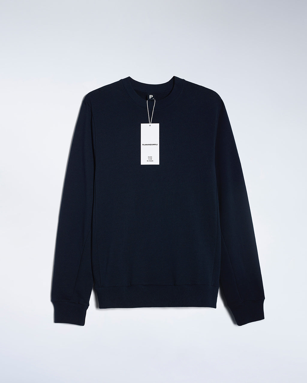 A flatlay of a men's plain navy organic cotton sweatshirt.