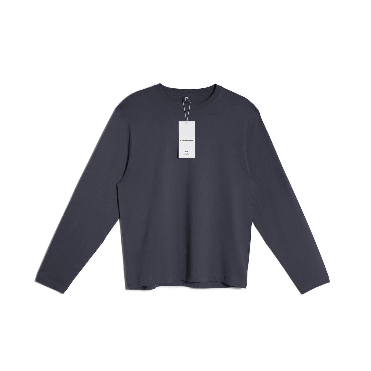 A flatlay of a men's plain dark grey long sleeve crew neck organic cotton t shirt.