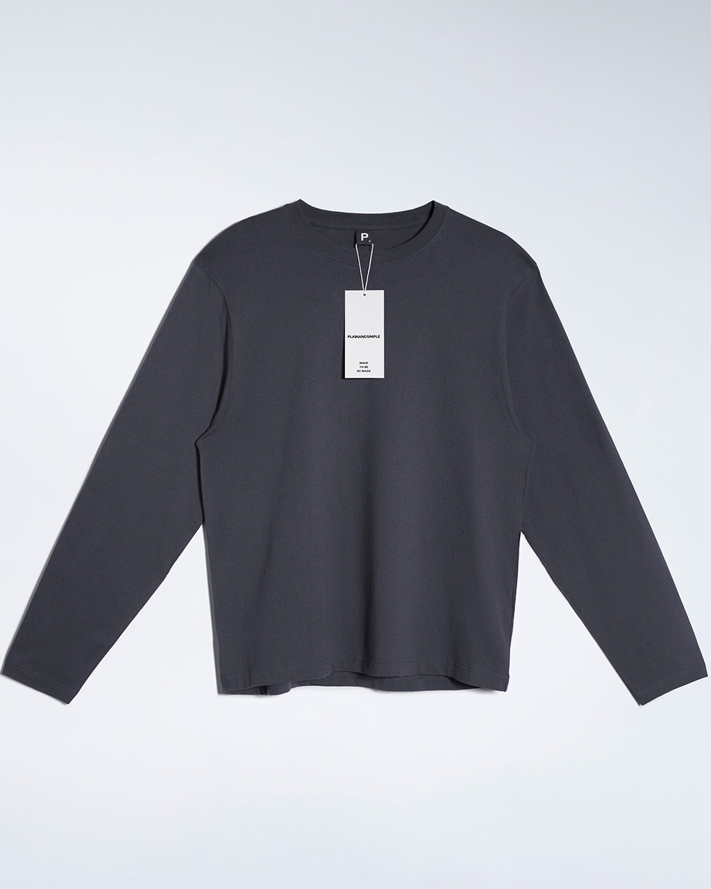A flatlay of a men's plain dark grey long sleeve crew neck organic cotton t shirt.