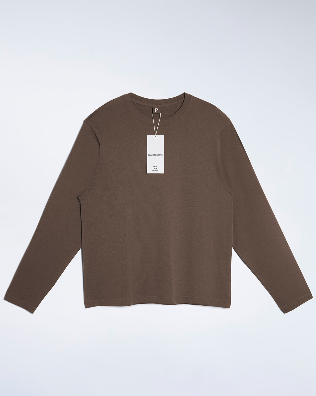 A flatlay of a men's plain dark khaki long sleeve crew neck organic cotton t shirt.