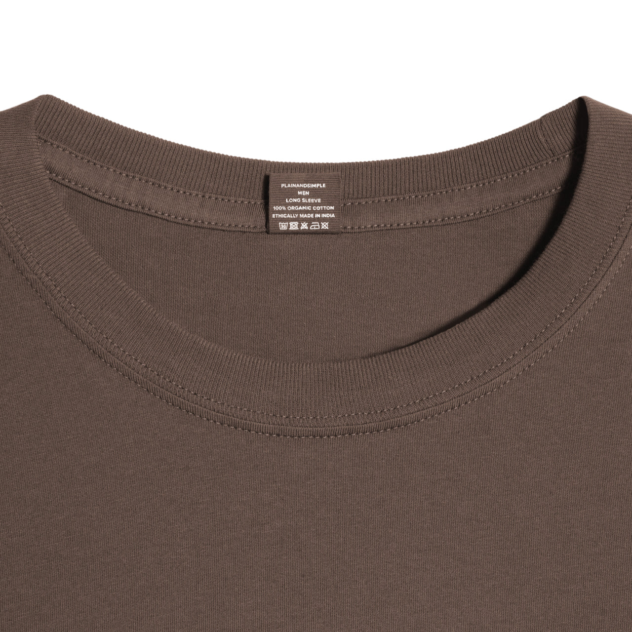 A close up of a neck label in a men's dark khaki long sleeve crew neck organic cotton t shirt.