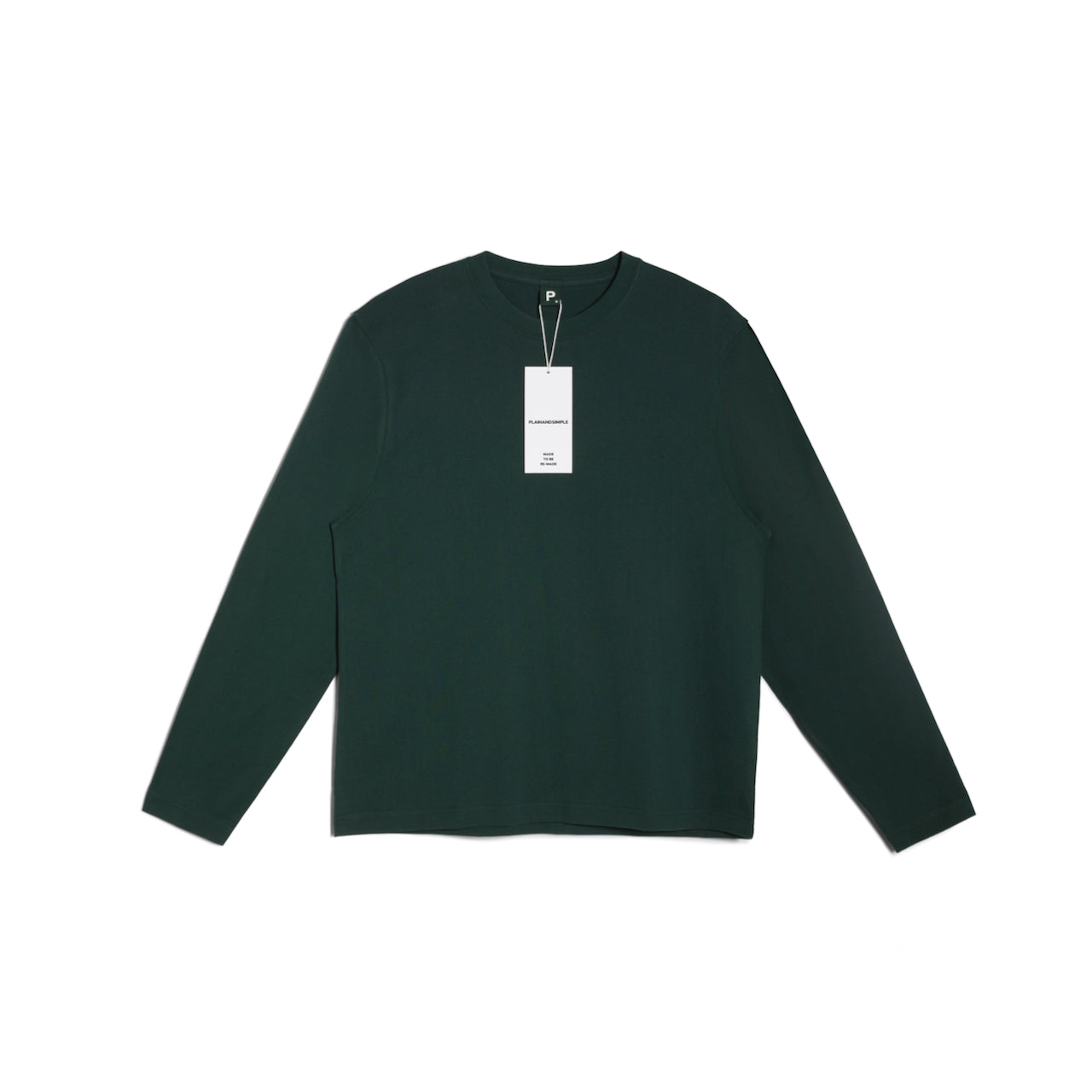 A flatlay of a men's plain green long sleeve crew neck organic cotton t shirt.