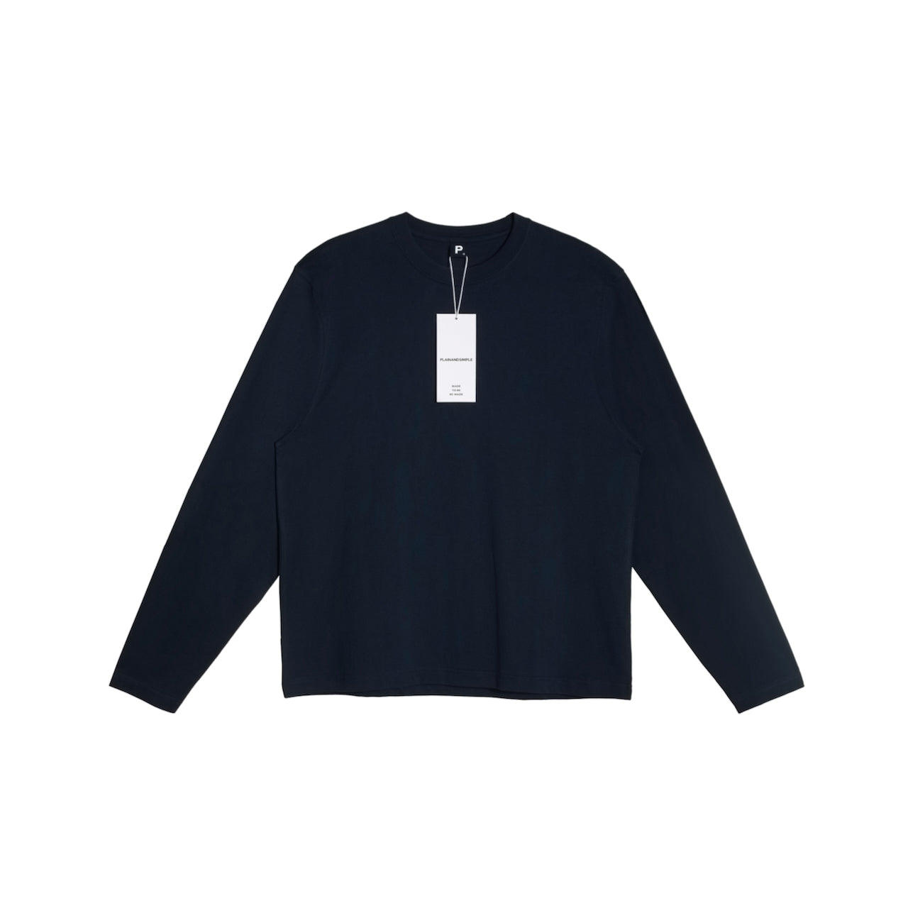 A flatlay of a men's plain navy long sleeve crew neck organic cotton t shirt.