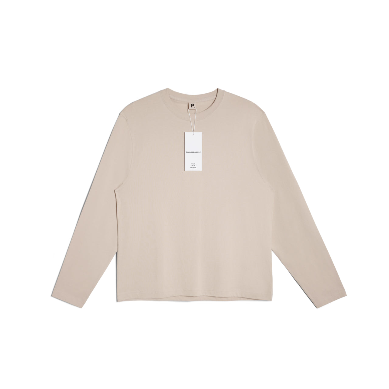 A flatlay of a men's plain stone long sleeve crew neck organic cotton t shirt.