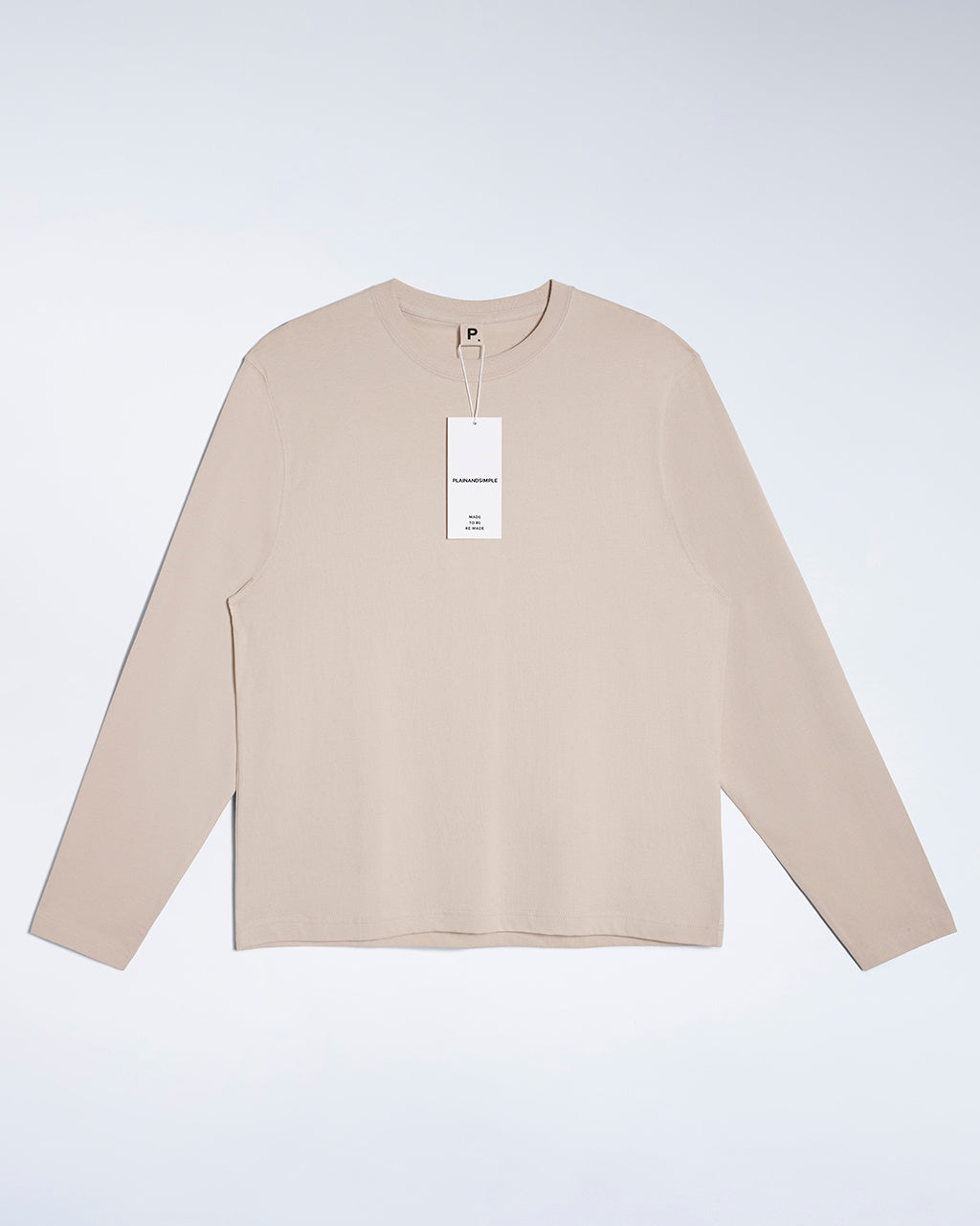 A flatlay of a men's plain stone long sleeve crew neck organic cotton t shirt.