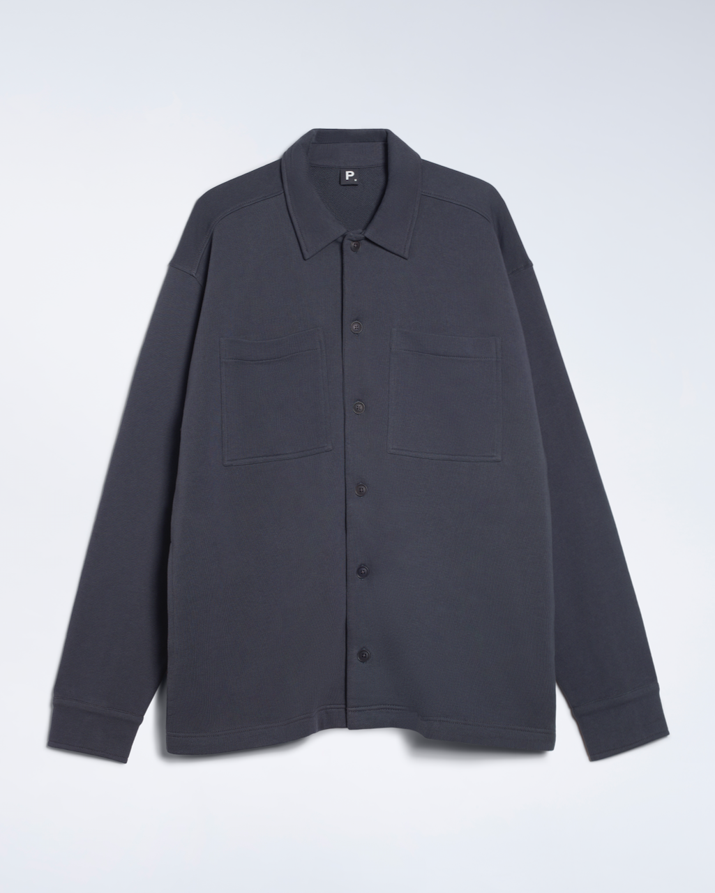 A flatlay of a dark grey, organic cotton overshirt.