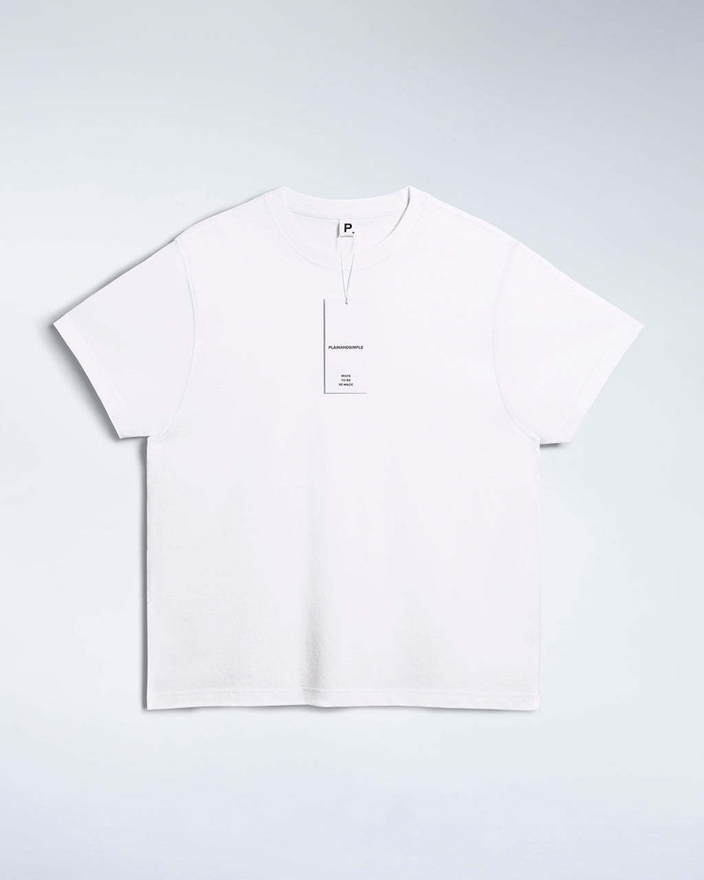A flatlay of a men's white, premium weight organic cotton t shirt.