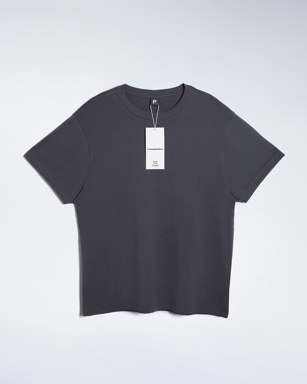 A flatlay of a men's plain dark grey short sleeve crew neck organic cotton t shirt.