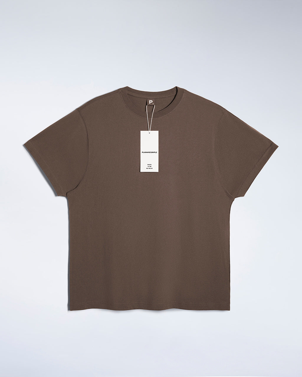 A flatlay of a men's dark khaki, premium weight, organic cotton t shirt.