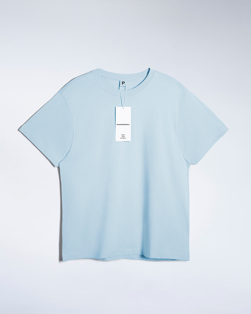 A flatlay of a men's light blue, premium weight, organic cotton t shirt.