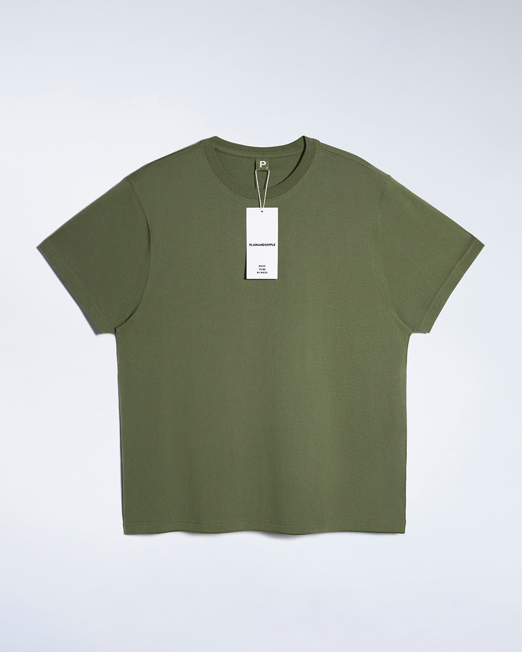 A flatlay of a men's khaki green, premium weight, organic cotton t shirt.
