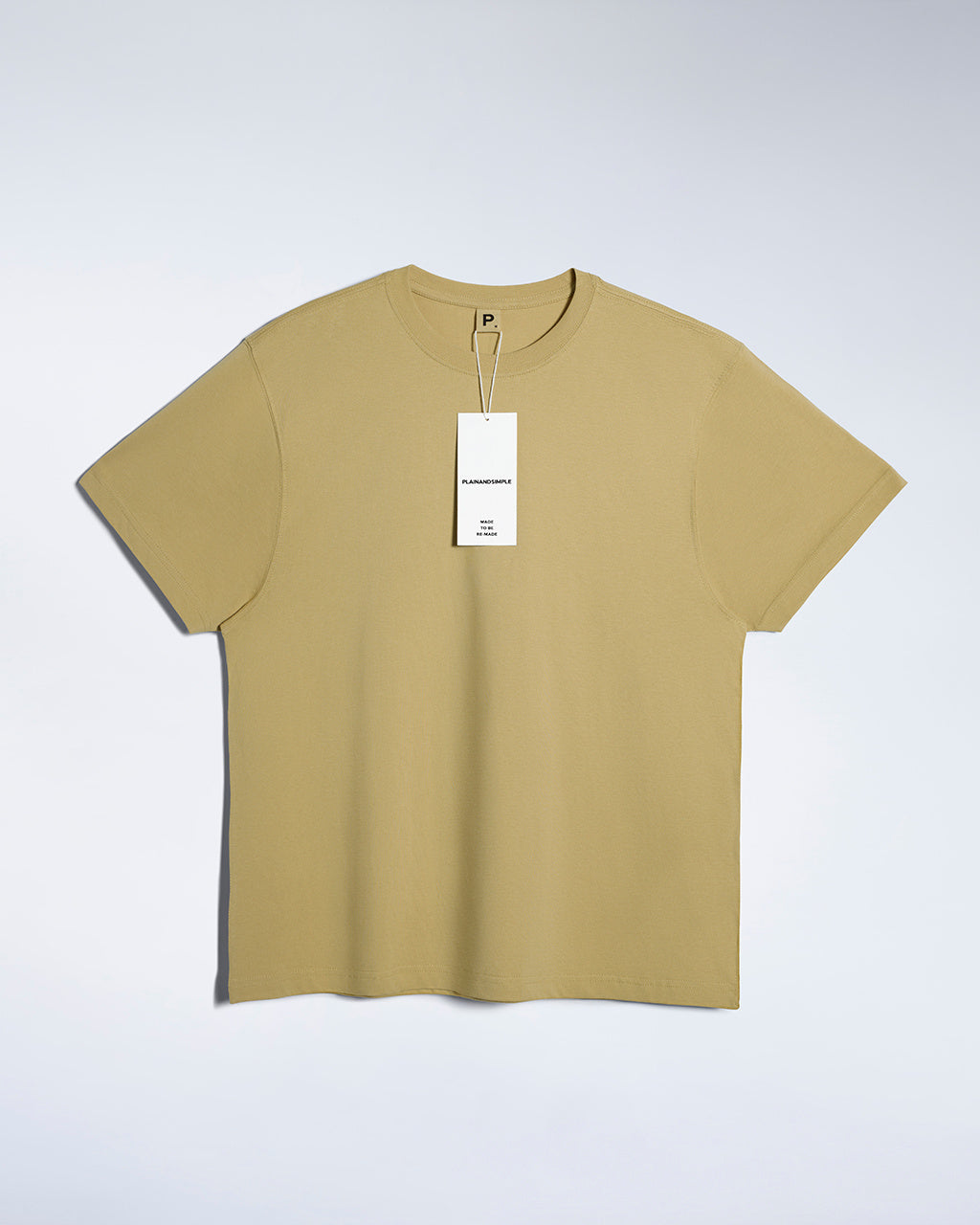 A flatlay of a men's light khaki, premium weight, organic cotton t shirt.