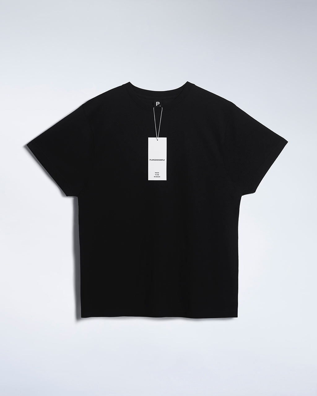 A flatlay of a men's plain black short sleeve crew neck organic cotton t shirt.