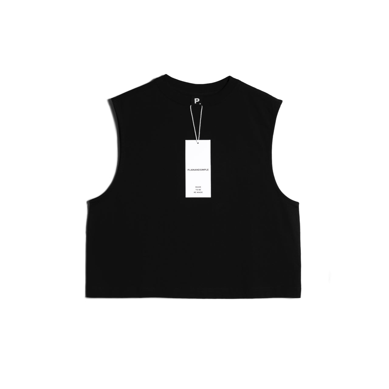 A flatlay of a women's plain black sleeveless organic cotton tank top.