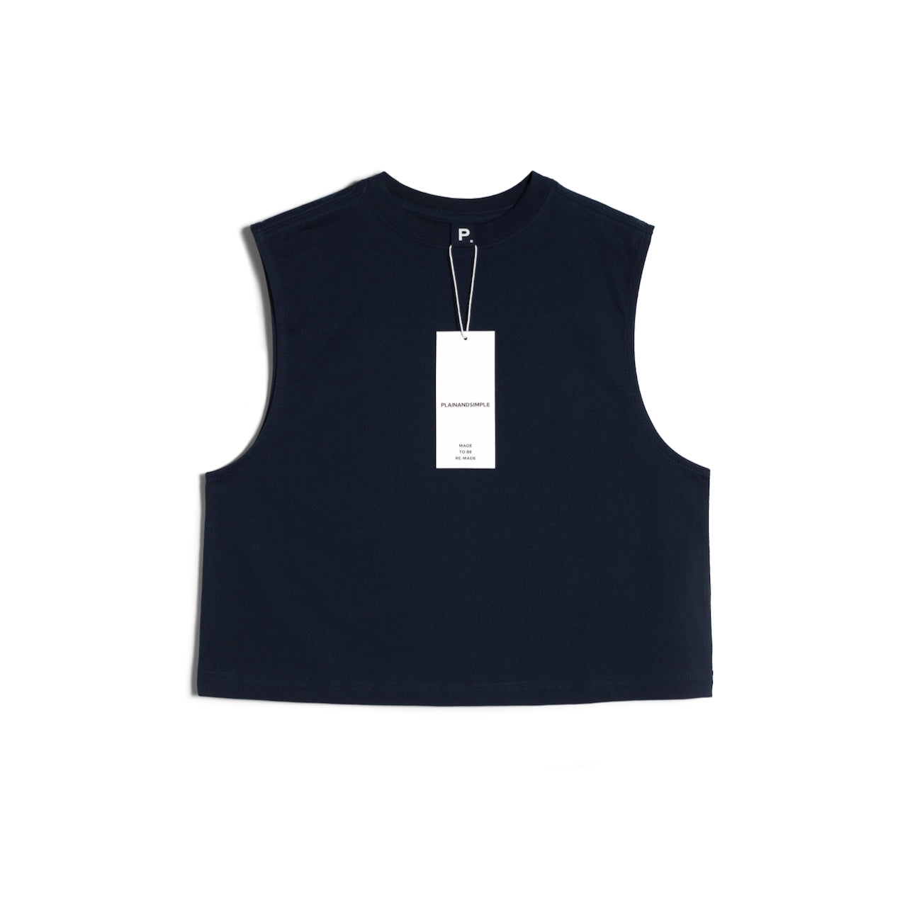 A flatlay of a women's plain navy sleeveless organic cotton tank top.