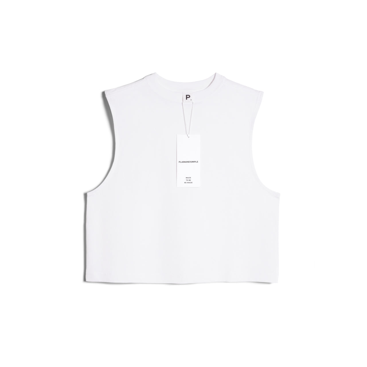 A flatlay of a women's plain white sleeveless organic cotton tank top.