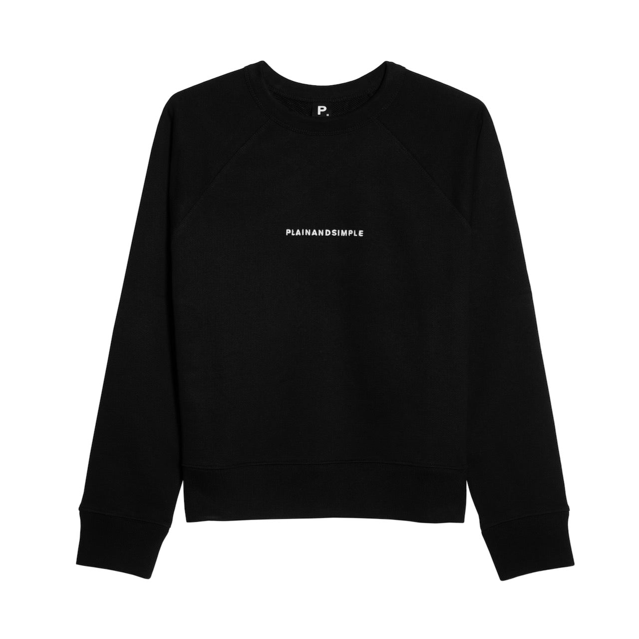 A flatlay of a women's branded black heavyweight organic cotton sweatshirt.