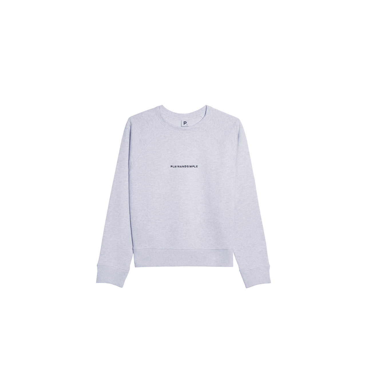 A flatlay of a women's branded grey heavyweight organic cotton sweatshirt.
