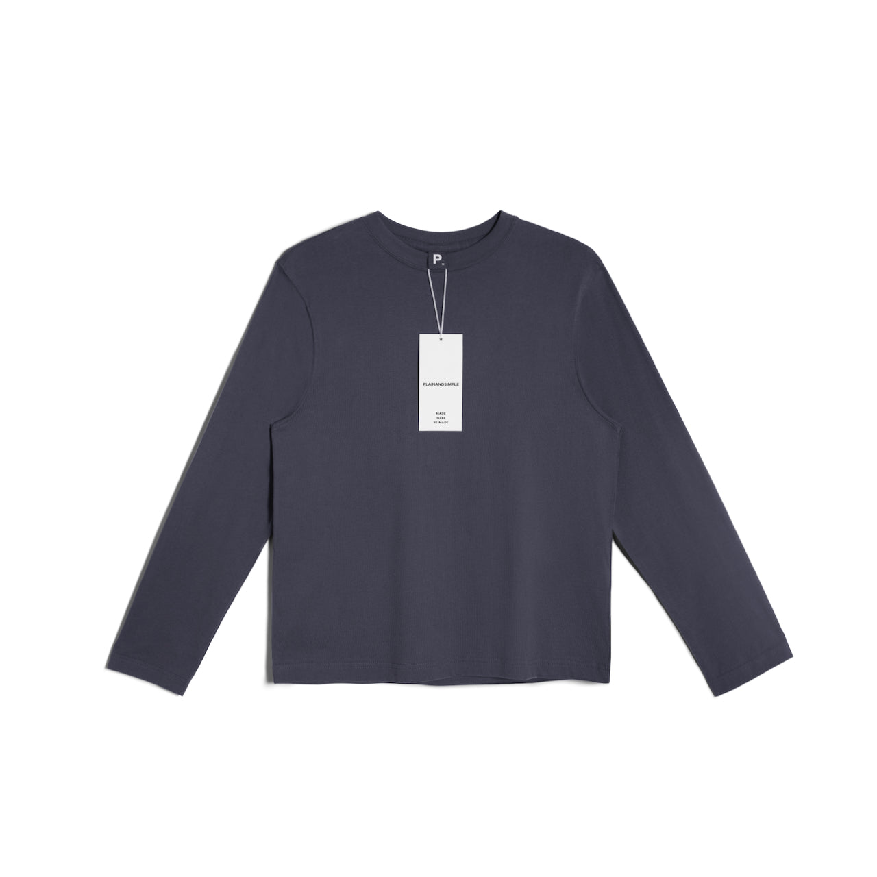 A flatlay of a women's plain dark grey long sleeve crew neck organic cotton t shirt.
