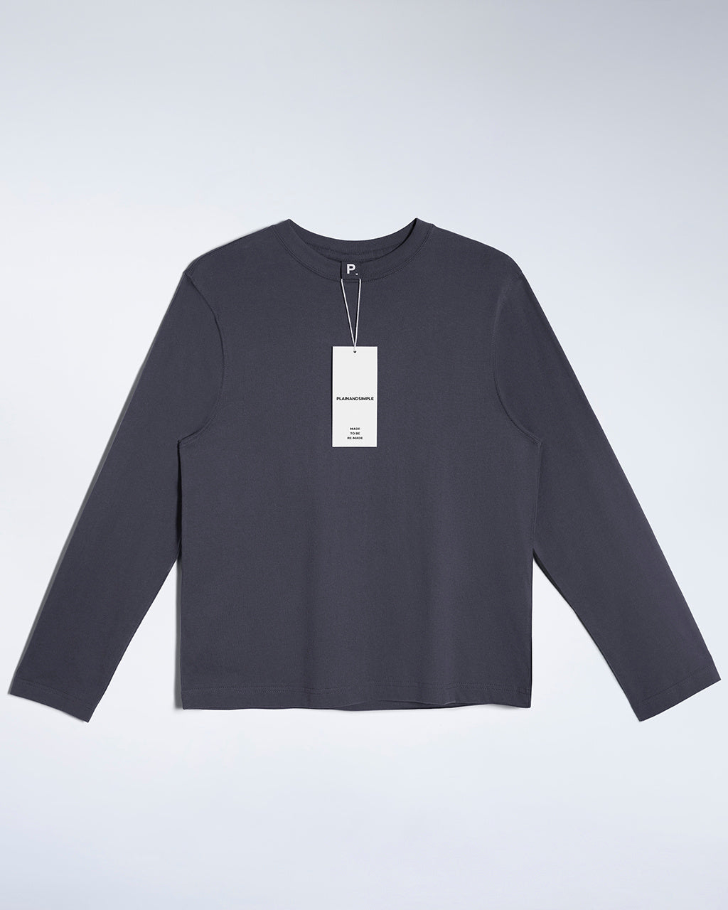 A flatlay of a women's plain dark grey long sleeve crew neck organic cotton t shirt.
