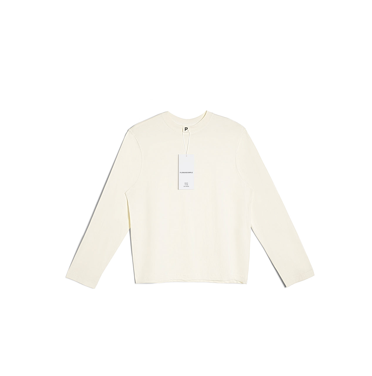 A flatlay of a women's plain ecru long sleeve crew neck organic cotton t shirt.