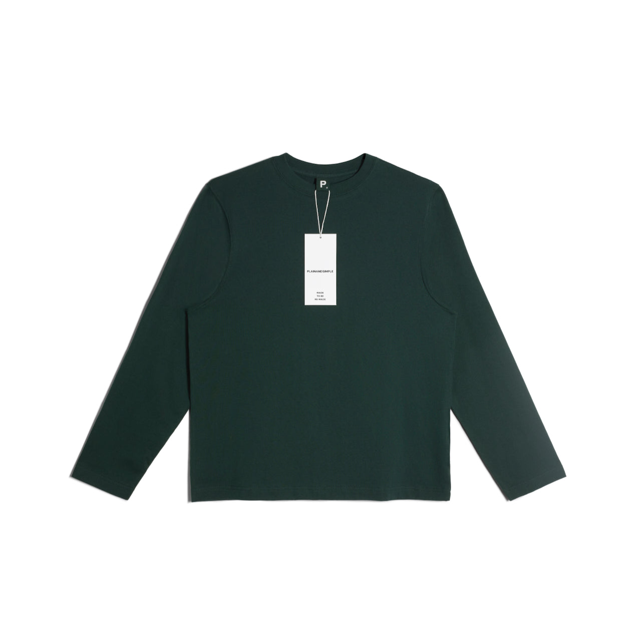 A flatlay of a women's plain green long sleeve crew neck organic cotton t shirt.