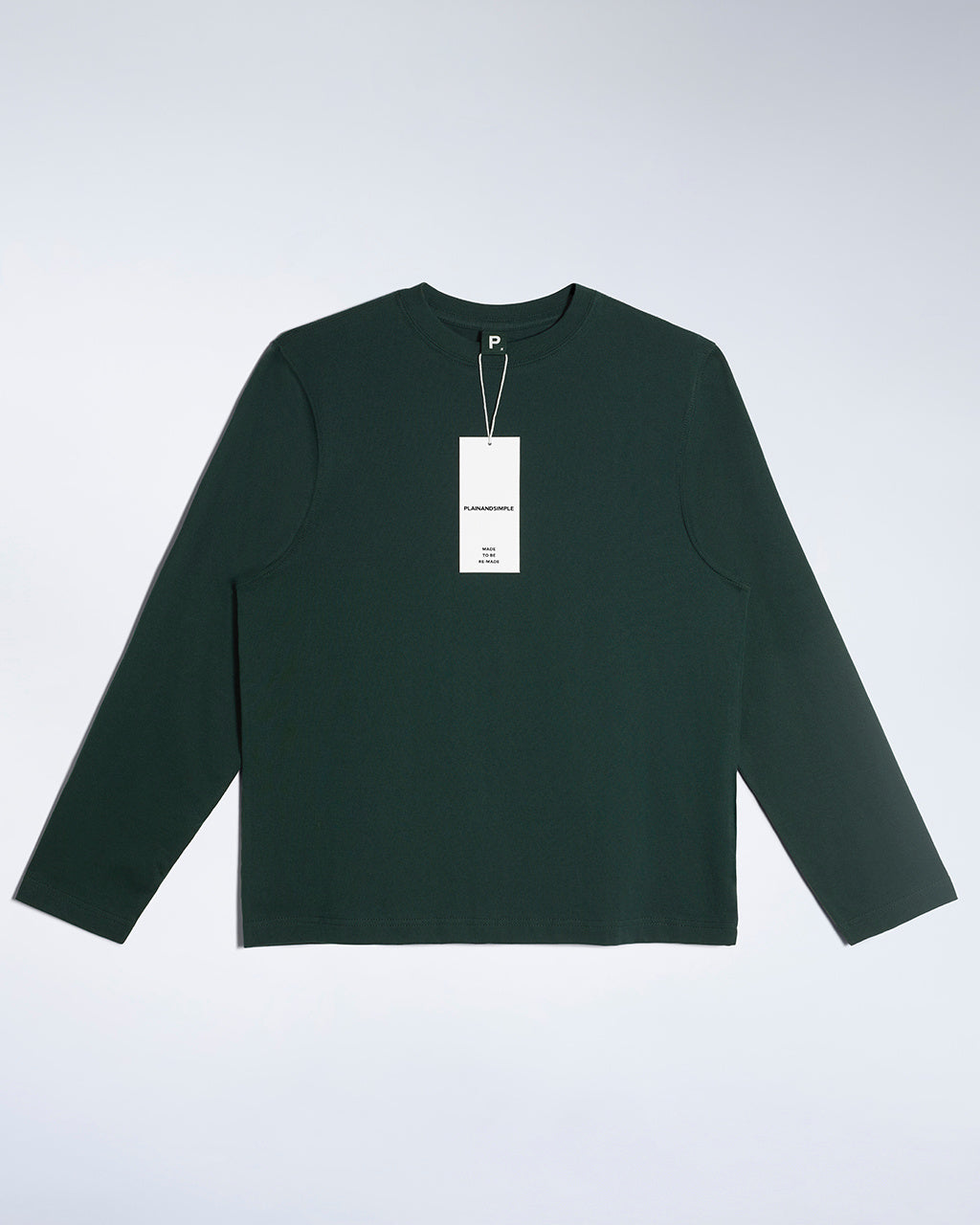 A flatlay of a women's plain green long sleeve crew neck organic cotton t shirt.
