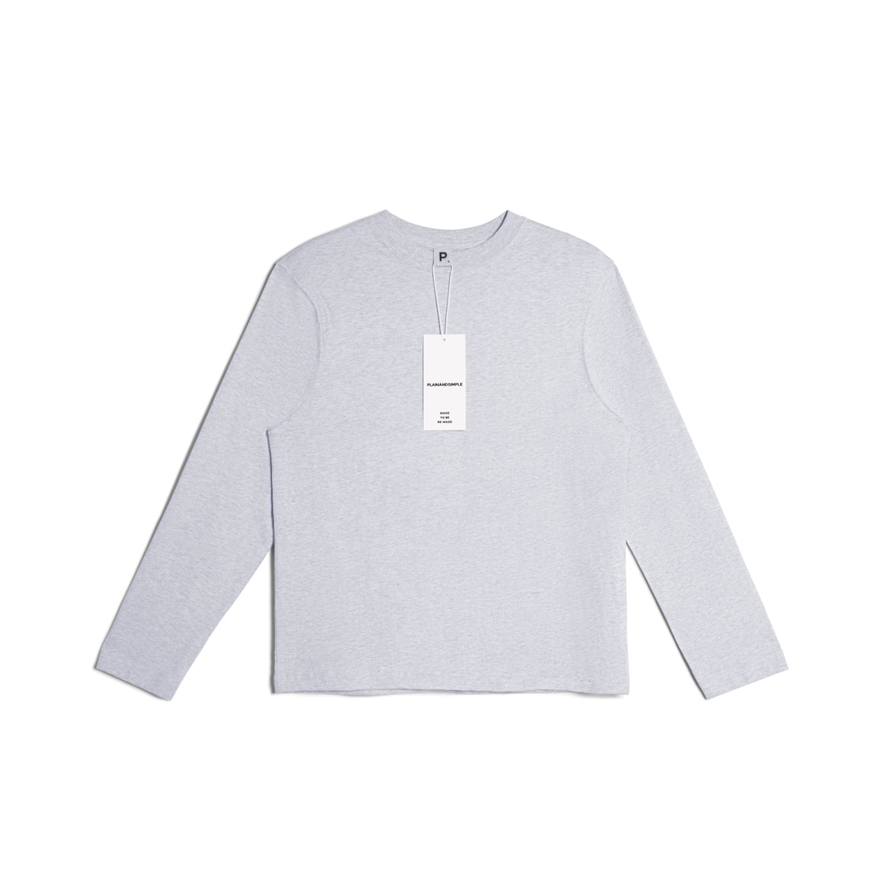 A flatlay of a women's plain grey long sleeve crew neck organic cotton t shirt.