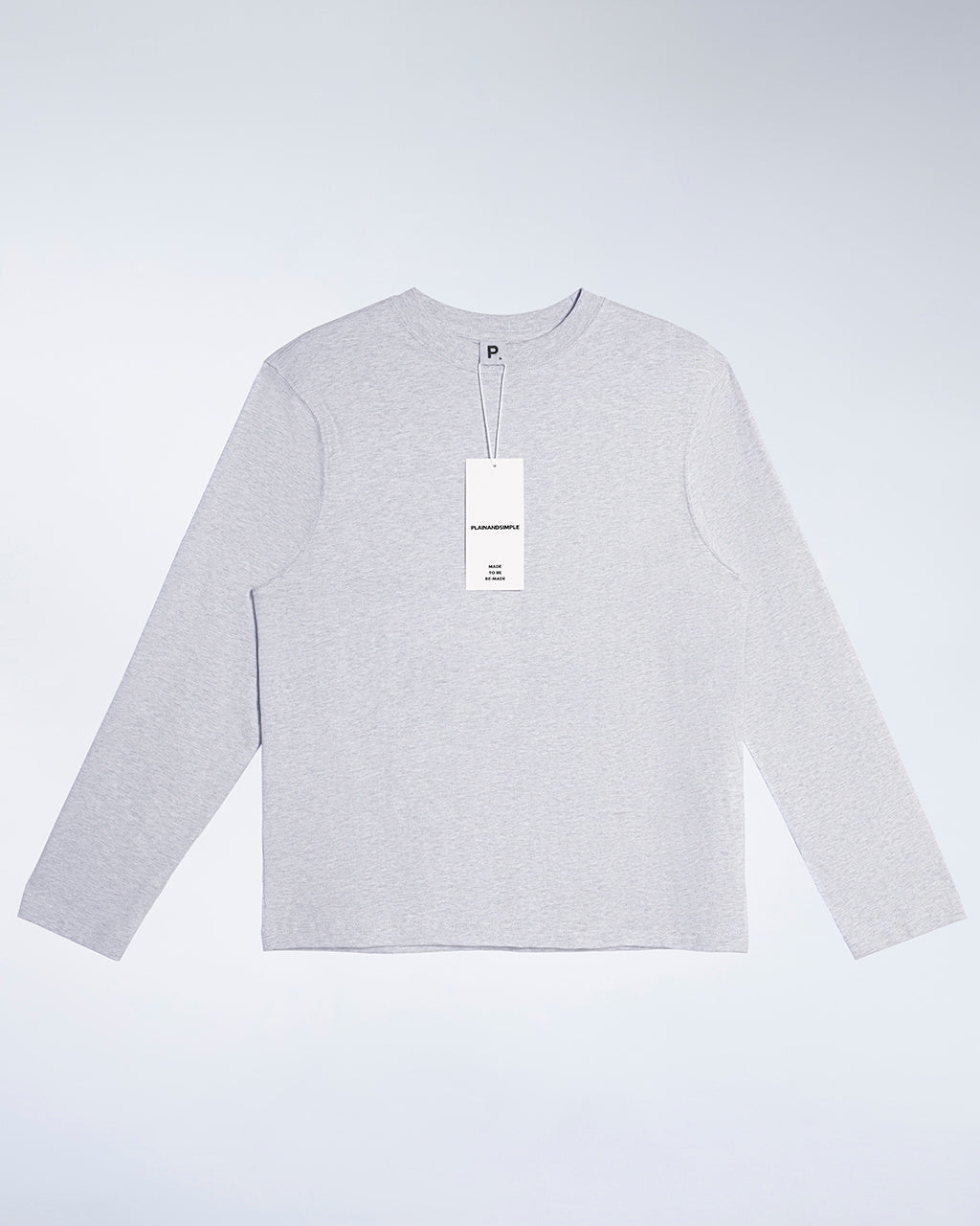 A flatlay of a women's plain grey long sleeve crew neck organic cotton t shirt.