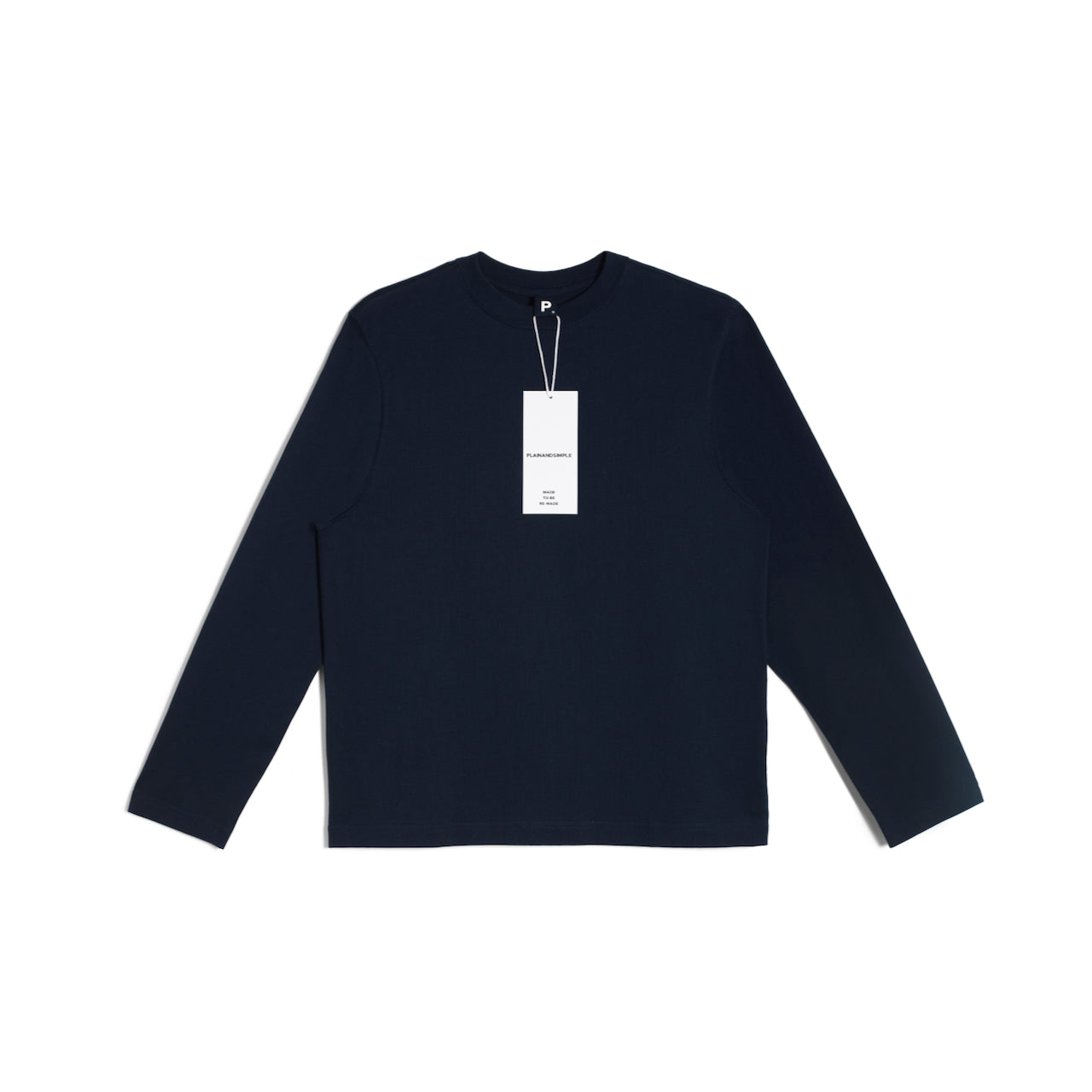A flatlay of a women's plain navy long sleeve crew neck organic cotton t shirt.
