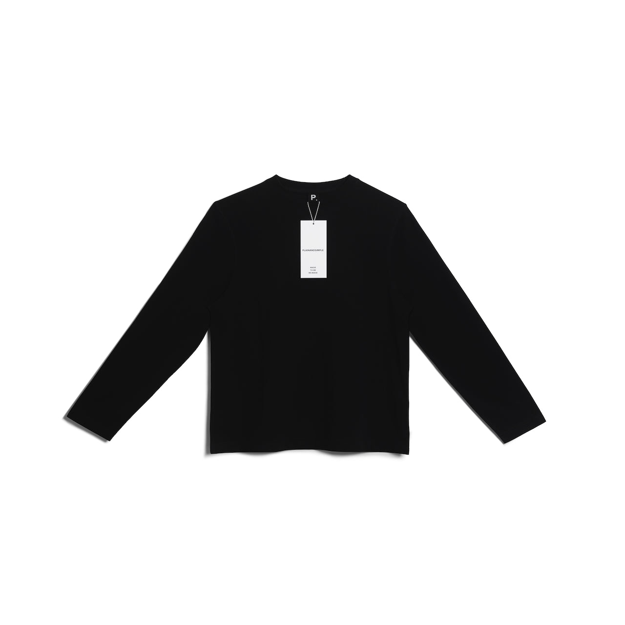 A flatlay of a women's plain black long sleeve crew neck organic cotton t shirt.