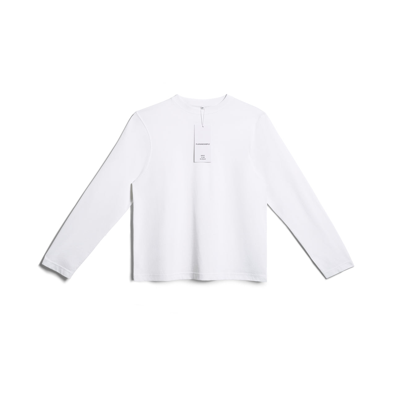 A flatlay of a women's plain white long sleeve crew neck organic cotton t shirt.
