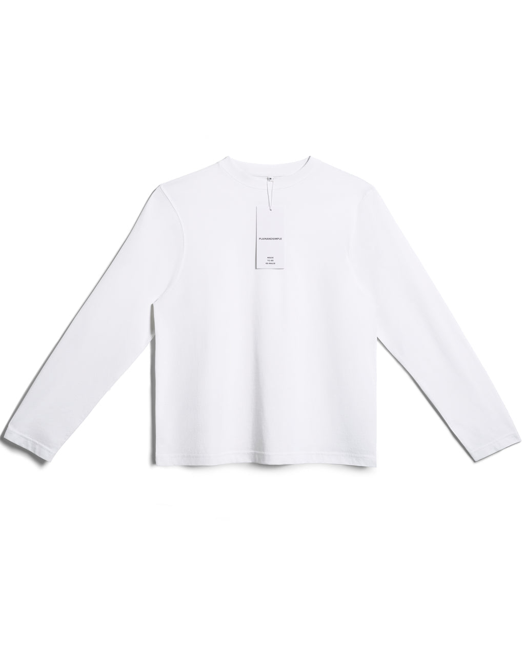 A flatlay of a women's plain white long sleeve crew neck organic cotton t shirt.