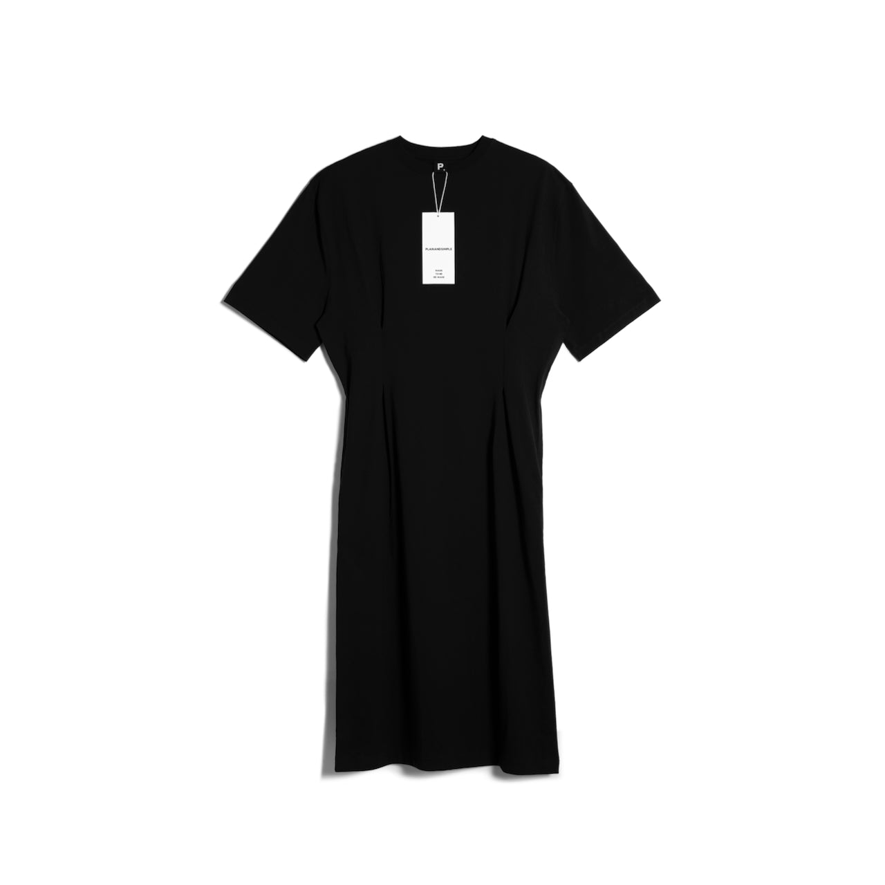 A flatlay of a women's plain black organic cotton t shirt dress.