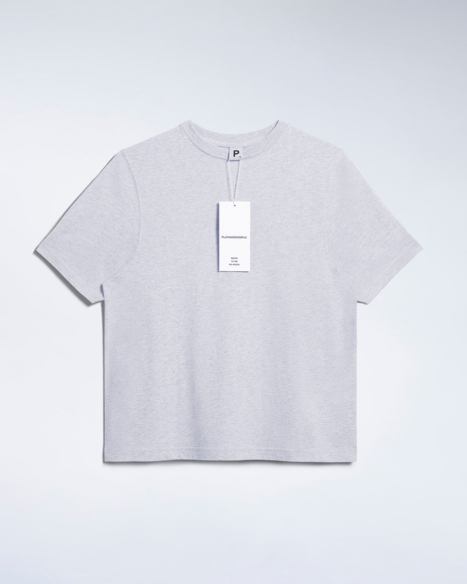 A flatlay of a women's plain grey short sleeve crew neck organic cotton t shirt.