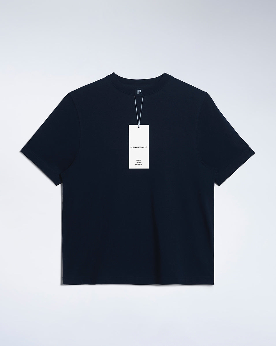 A flatlay of a women's plain navy short sleeve crew neck organic cotton t shirt.