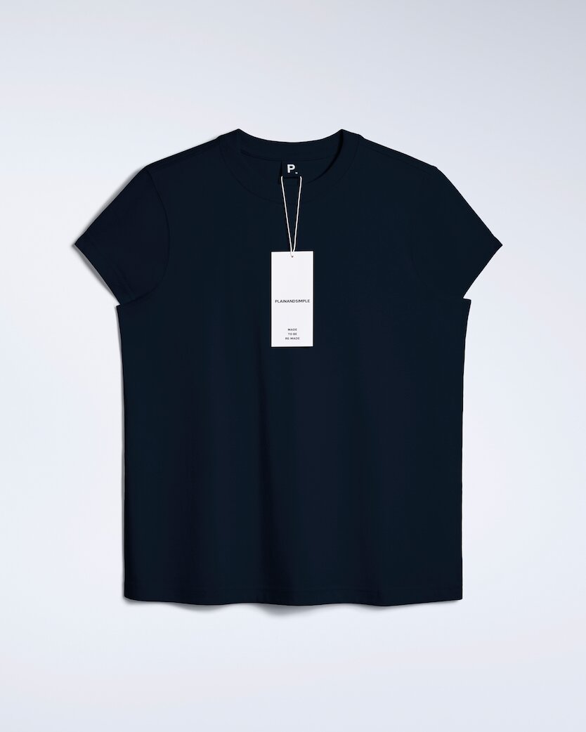 A flatlay of a women's plain navy short sleeve crew neck organic cotton t shirt.