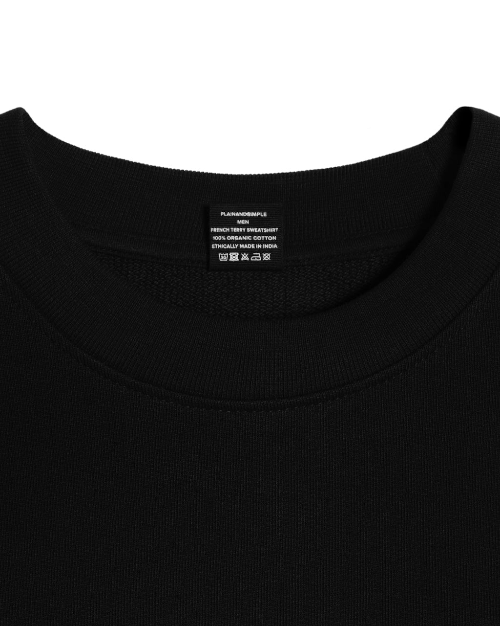 A close up of an neck label in a men's black organic cotton sweatshirt.