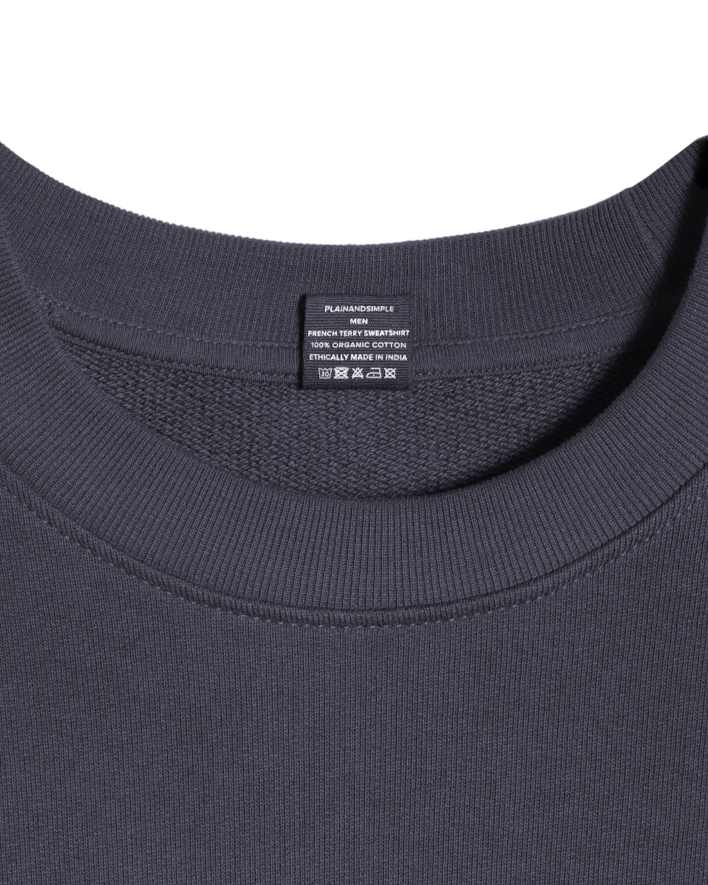 A close up of an neck label in a men's dark grey organic cotton sweatshirt.