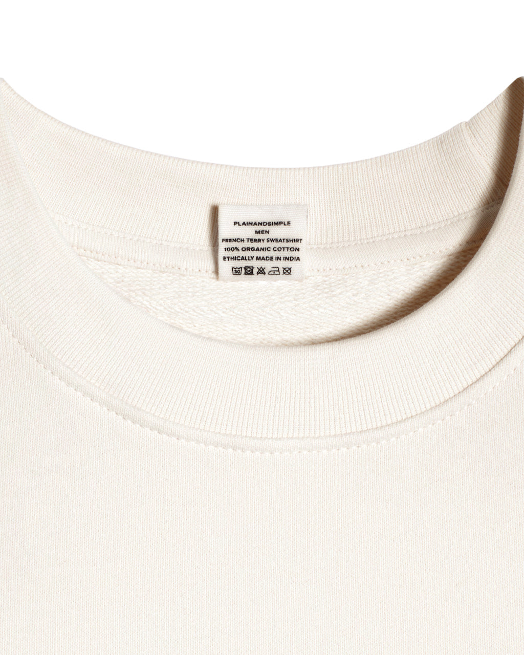 A close up of an neck label in a men's ecru organic cotton sweatshirt.