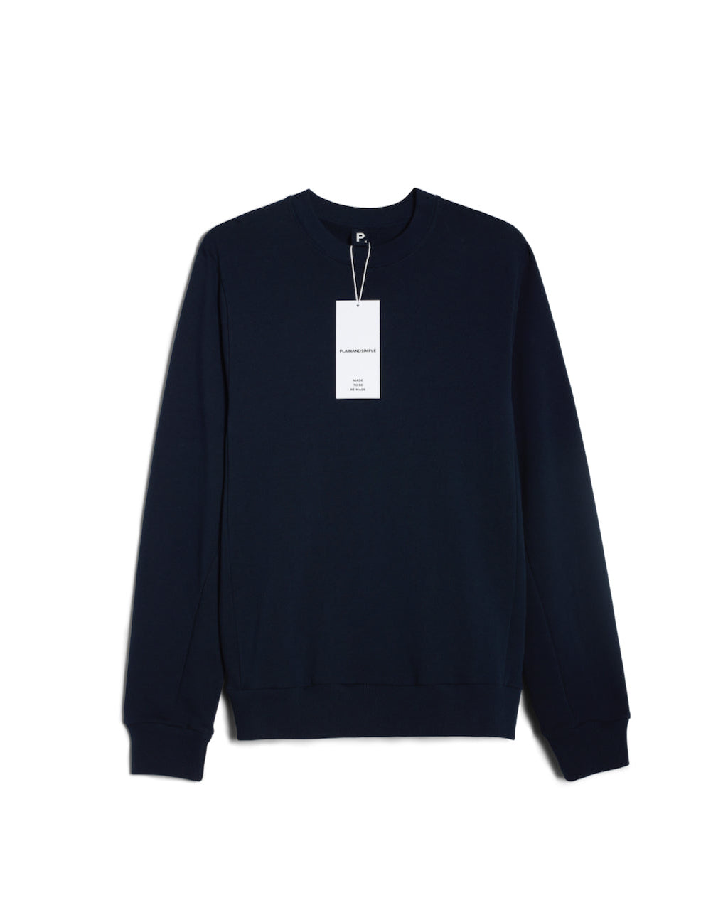 A flatlay of a men's plain navy organic cotton sweatshirt.