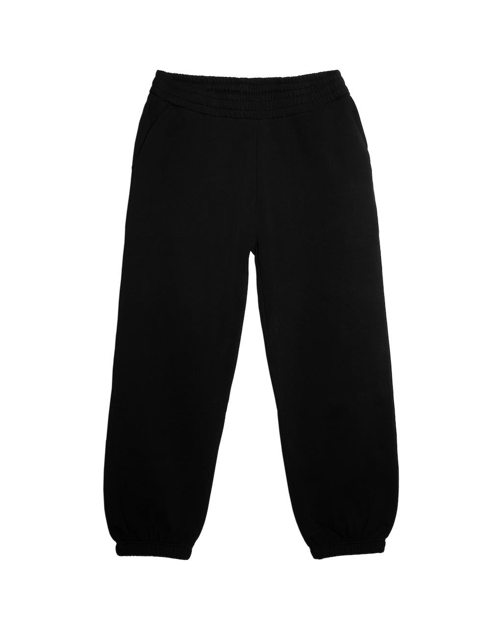 A flatlay of a men's plain black heavyweight organic cotton joggers.