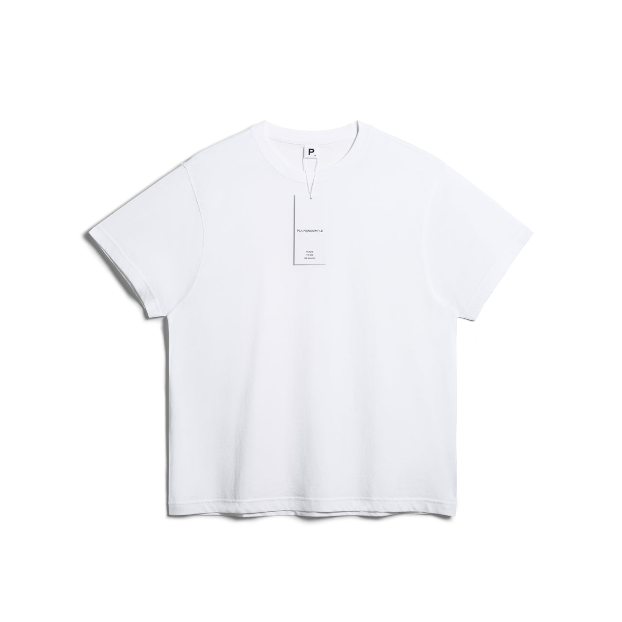 A flatlay of a men's plain white short sleeve lightweight organic cotton t shirt.