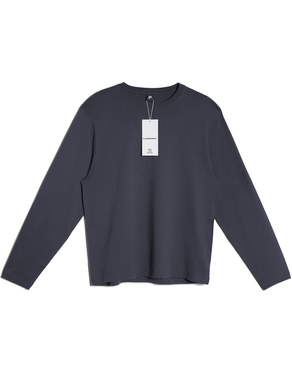 A flatlay of a men's plain dark grey long sleeve crew neck organic cotton t shirt.