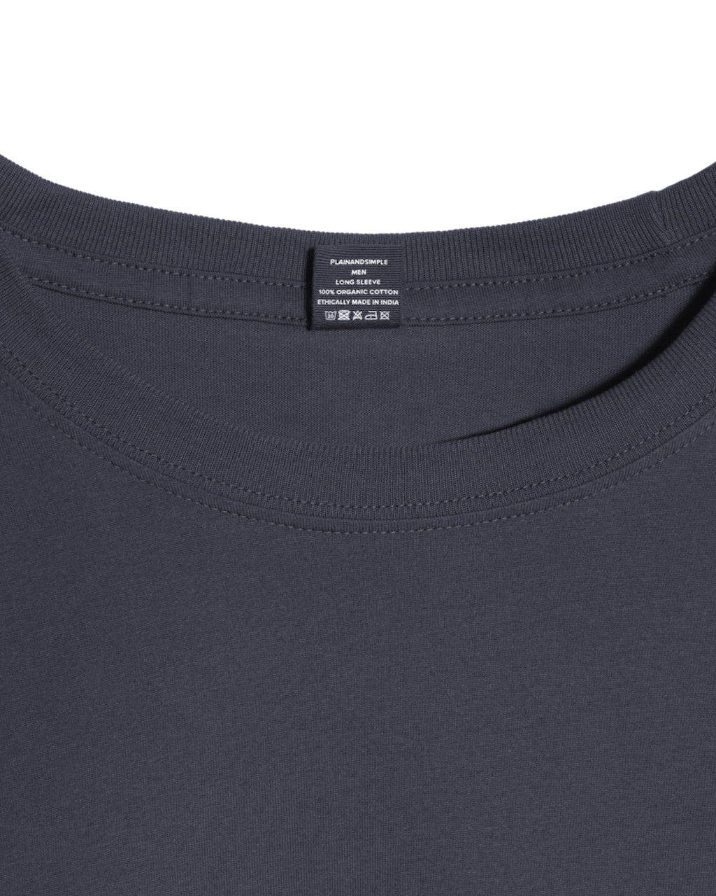 A close up of a neck label in a men's dark grey long sleeve crew neck organic cotton t shirt.