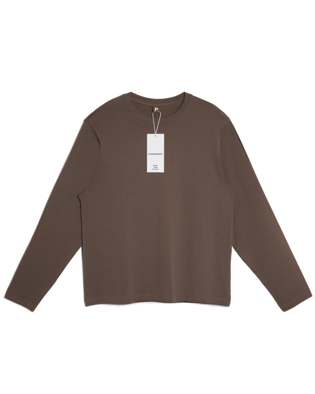 A flatlay of a men's plain dark khaki long sleeve crew neck organic cotton t shirt.
