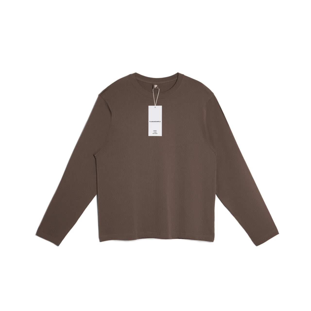 A flatlay of a men's plain dark khaki long sleeve crew neck organic cotton t shirt.